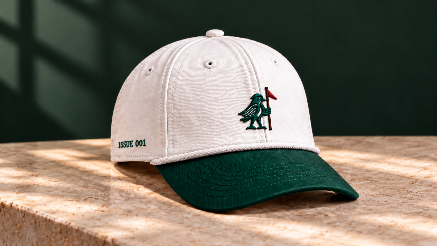 The Stanley cap, Issue 001, resting on a limestone bench against a deep green backdrop.