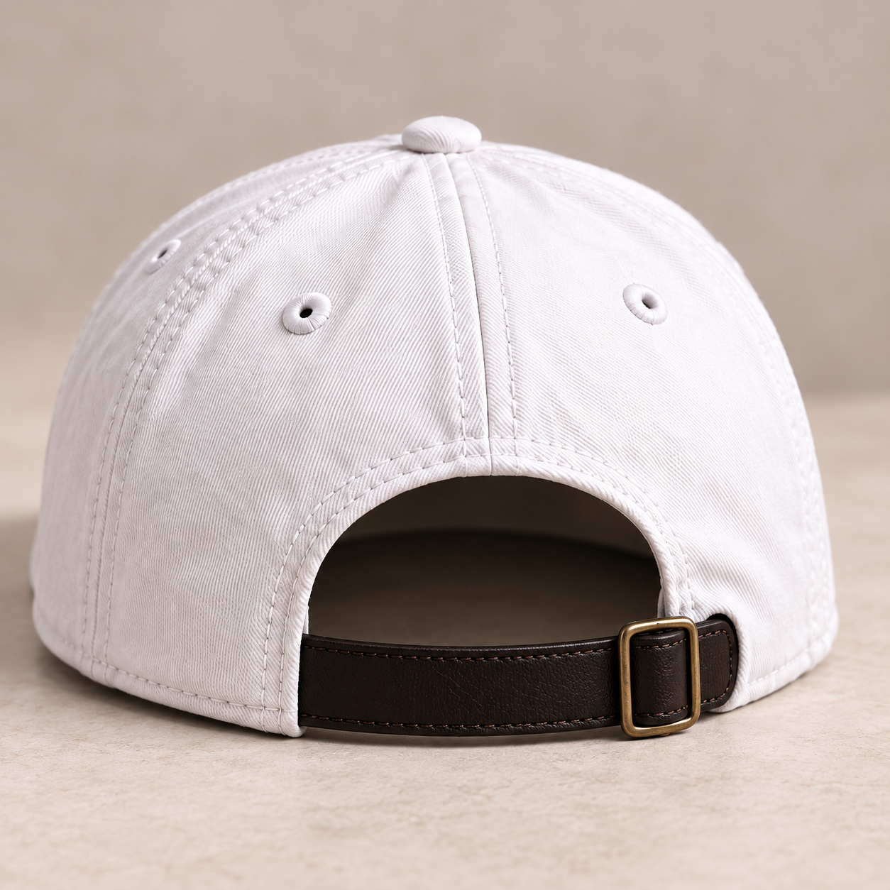 Rear design preview of The Stanley cap with leather strap and brass buckle.