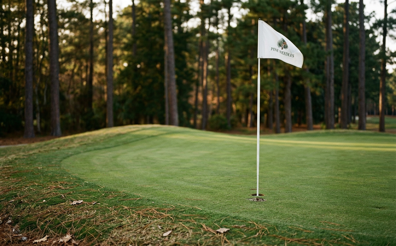 A flag on a green framed by tall longleaf pines at Pine Needles.