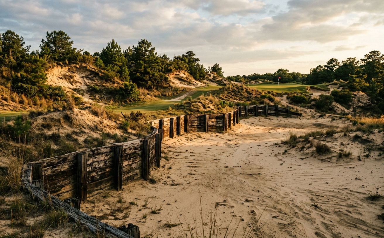 Sandy waste areas, timber bulkheads and a distant green at Tobacco Road in the Sandhills.